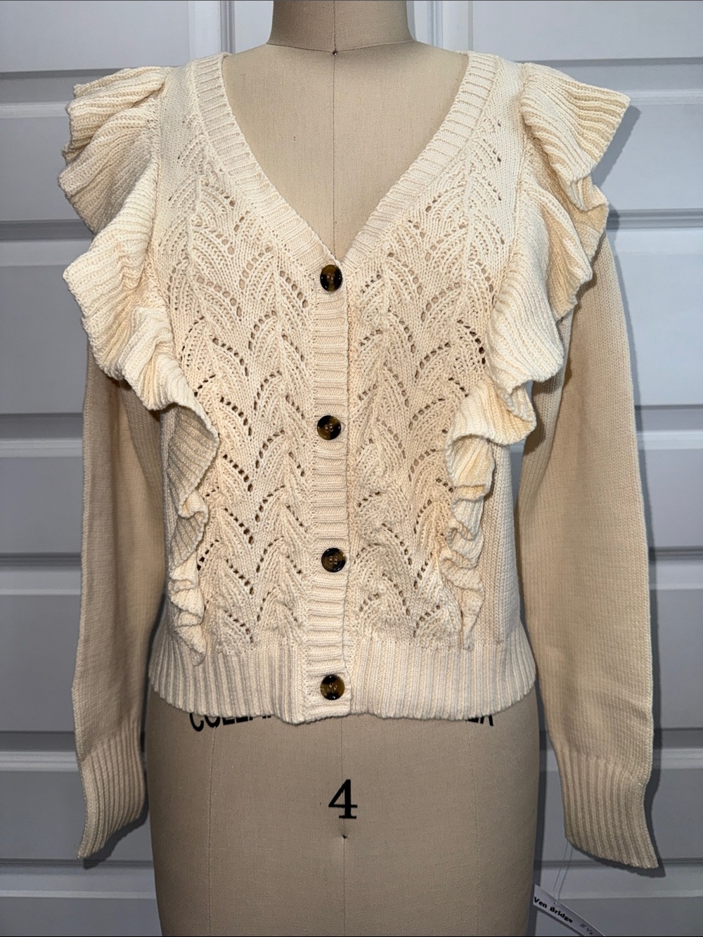 NEW WITH TAG Cream Ruffle Knit Button-Front Sweater Cardigan
